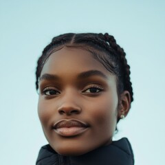 A close-up portrait of a young woman with braided hair.