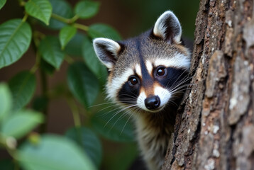 Raccoon Hiding Behind a Tree
