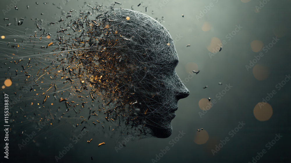 Poster image depicts fragmented human head composed of intricate lines and particles, symbolizing concept o