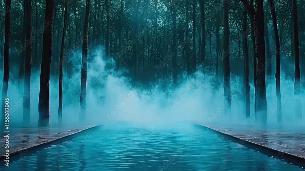 Poster serene misty forest with tranquil blue water pool surrounded by tall trees and fog hovering above th