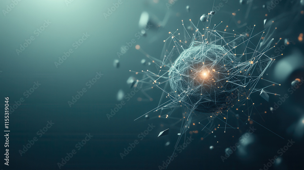 Poster central glowing sphere surrounded by abstract particles and lines, creating futuristic and dynamic a