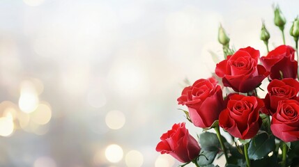 Beautiful bouquet of red roses on sparkling soft background