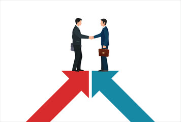 Obraz premium Cooperation partnership, work together for success, team collaboration, agreement or negotiation, collaborate concept, businessmen handshake on growth arrow joining connection agree to work together.