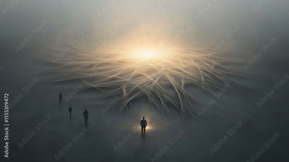 Poster surreal scene depicting central light source surrounded by abstract lines, with figures standing in 