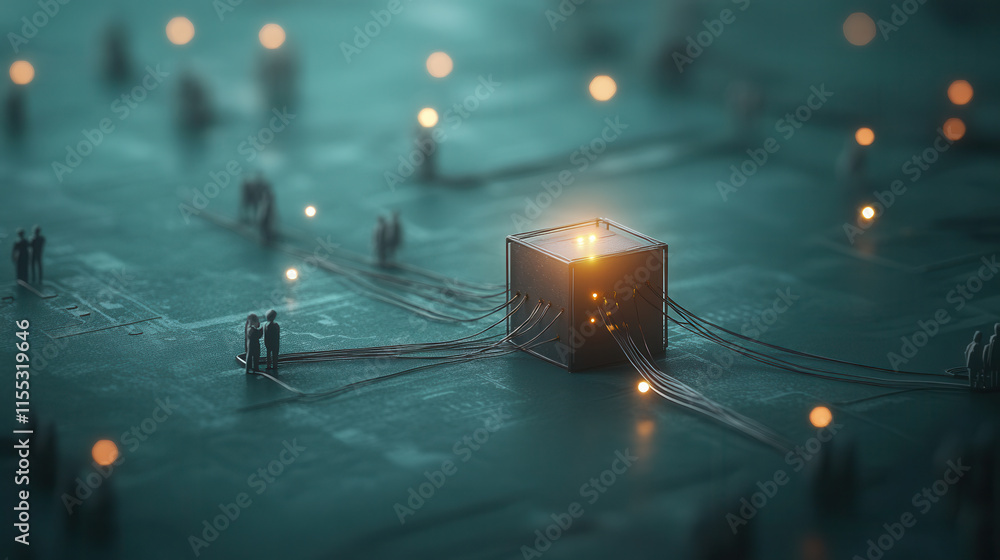 Poster glowing cube connected to network of miniature figures symbolizes technology and innovation
