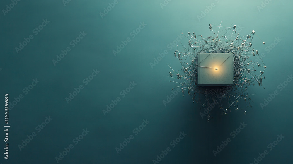 Aufkleber central glowing cube surrounded by abstract connections and structures, creating captivating visual 