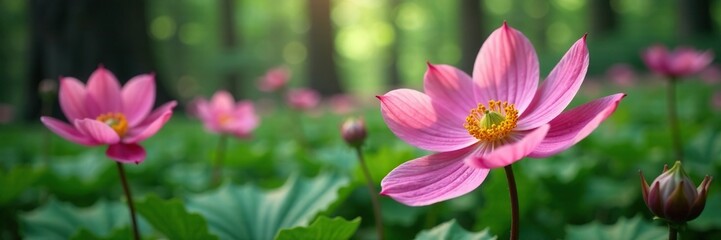 Obraz premium Anemone blooms in the understory of the forest, Forest Understory, Nature, Floral