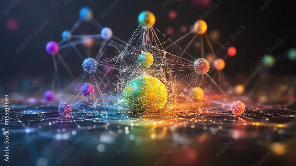 Poster vibrant conceptual network with colorful nodes and connections, illustrating complex relationships a