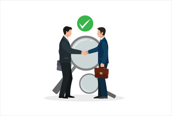 Business transparency. An open, honest and straightforward process about the company or business operations. Two businessmen shake hands and agree to do business. flat vector illustration.