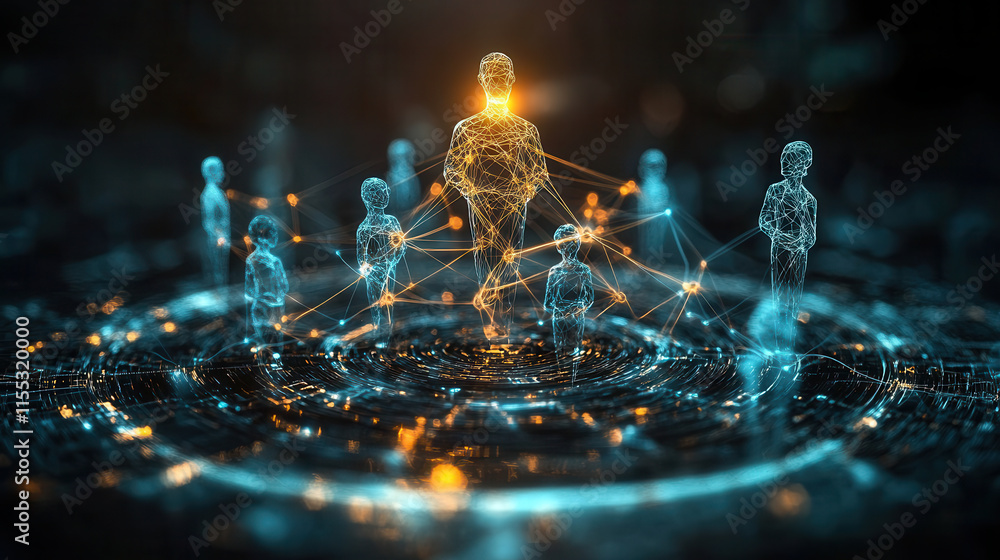 Poster 3d illustration of interconnected figures representing digital networks, showcasing technology and i