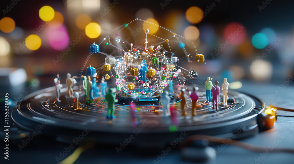 Poster vibrant hub of interconnected figures and colorful lights symbolizes dynamic connections and collabo