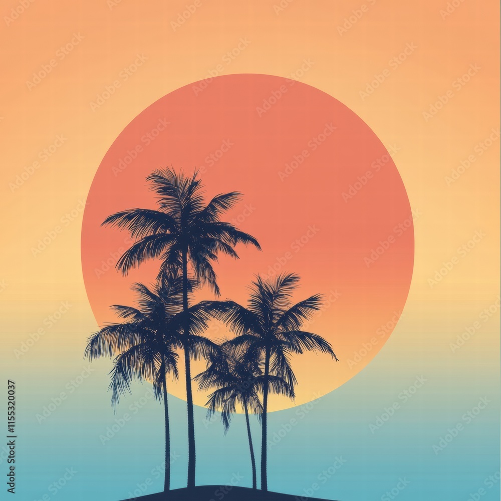 Poster palm trees silhouette against a beautiful pastel orange and blue gradient sky during sunset with amp