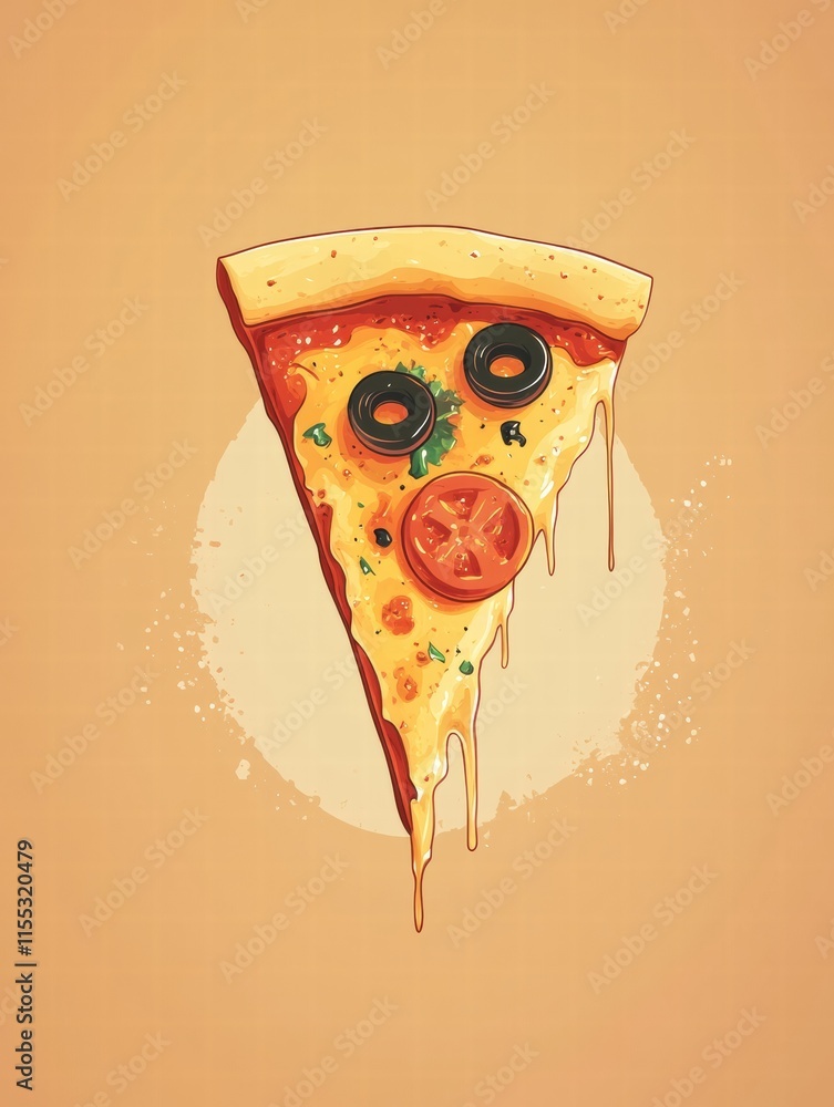 Aufkleber Stylized pizza slice with vibrant toppings and cheese drips on a minimalist backdrop. Generative AI