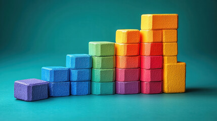 Obraz premium Colorful building blocks arranged in gradient staircase on teal background