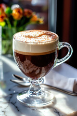A beautifully layered coffee drink topped with cream, placed on a marble table with a blurred floral background.