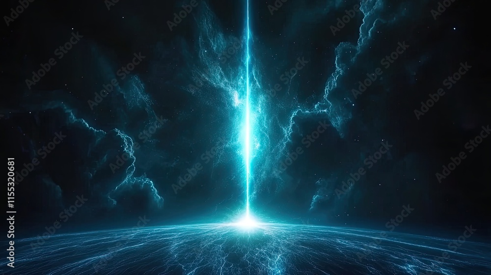 Poster luminous energy beam emanating from a celestial sphere in outer space with dramatic cloud patterns a