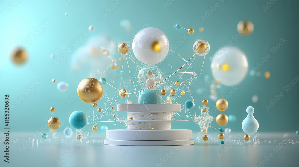 Poster abstract 3d illustration featuring colorful spheres and dynamic lines, creating sense of movement an