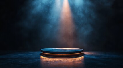 Shiny metallic podium glowing under spotlight, surrounded by darkness 