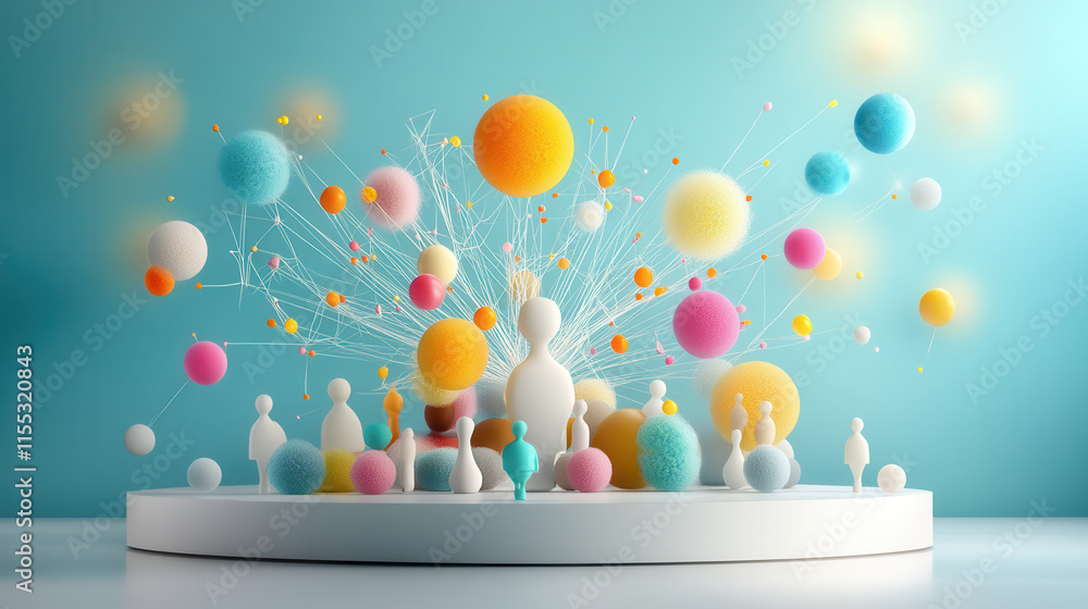 Aufkleber abstract 3d illustration featuring colorful spheres and figures on platform, creating vibrant and dy