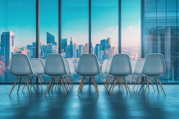 Modern Office Chairs Facing City Skyline