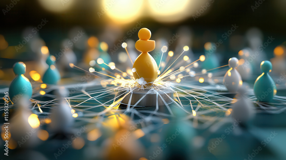 Poster abstract 3d illustration showing central figure surrounded by connected nodes, symbolizing networkin