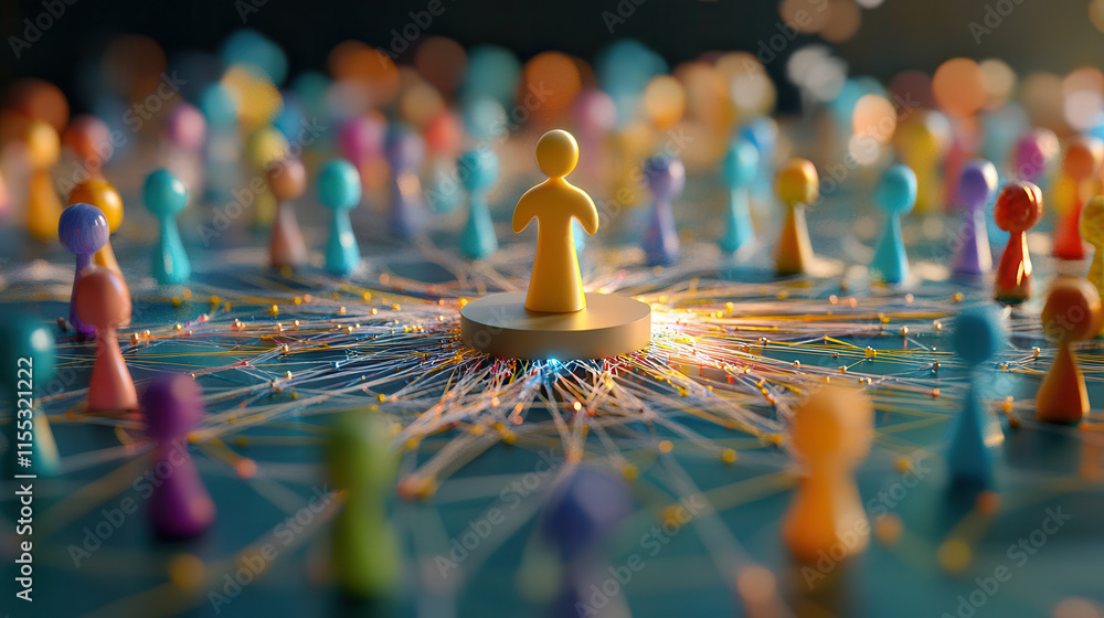 Poster colorful 3d figures representing community and connection, with central figure surrounded by vibrant