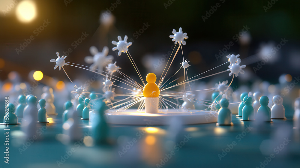 Poster abstract 3d illustration showing central figure surrounded by connections, symbolizing networking an