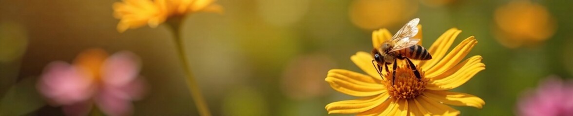 Eine Biene fliegt um eine Blume herum, sammelt Nektar von verschiedenen Bl?ten, flight, bee, blossom