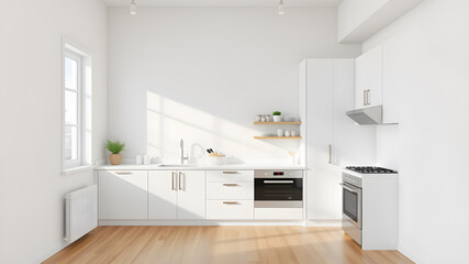 Fototapeta premium White home kitchen interior with appliances and kitchenware, hardwood floor. Sink, stove and oven mounted with hood. Minimalist cooking space in modern apartment. 3D rendering. Generative AI