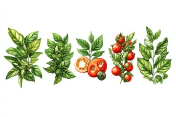 Watercolor Illustration of Basil, Tomatoes, and Green Leaves