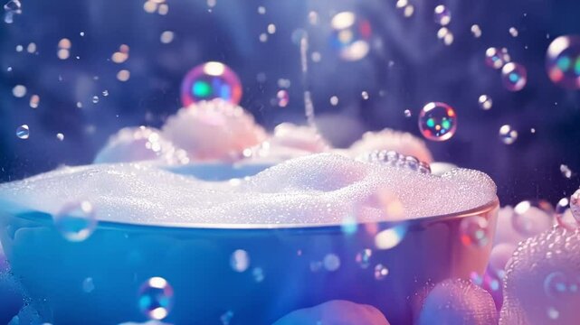 A magical tub overflowing with fizzy foam in various shades embodying the concept of quantum foam.
