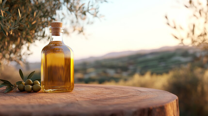 Obraz premium Olive oil bottle on wooden table with olives in a serene landscape during sunset in the countryside