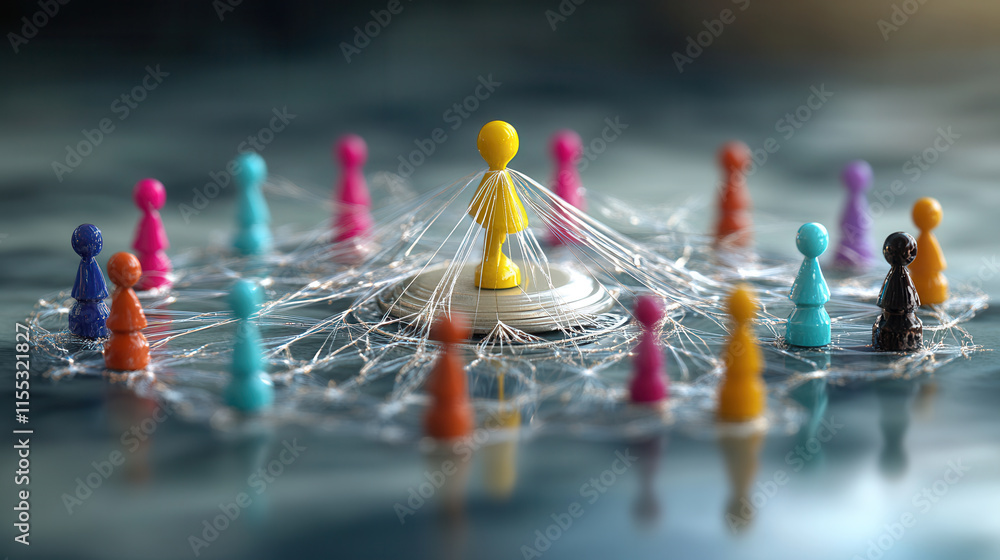 Poster vibrant 3d illustration depicting colorful figures connected by threads, symbolizing unity and colla