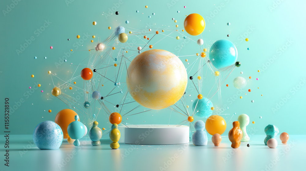 Poster floating spheres and colorful orbs create vibrant 3d abstract illustration, showcasing dynamic inter