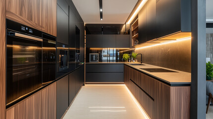 Sleek modern kitchen design with minimalist cabinets elegant wood accents and premium high-end appliances