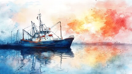 Obraz premium Vibrant Watercolor Illustration: Tranquil Fishing Trawler at Sunset Harbor. AI Generated