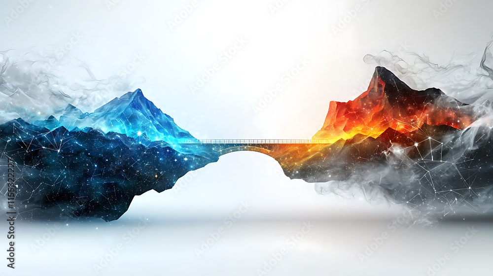 Poster dynamic harmony between fire and ice conceptual bridge digital landscape futuristic environment abst