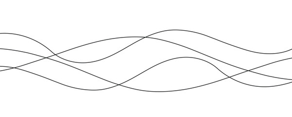 Curved black long lines on white, Wavy line horizontal divider outline minimalist background. Abstract black lines wave curve motion on white,