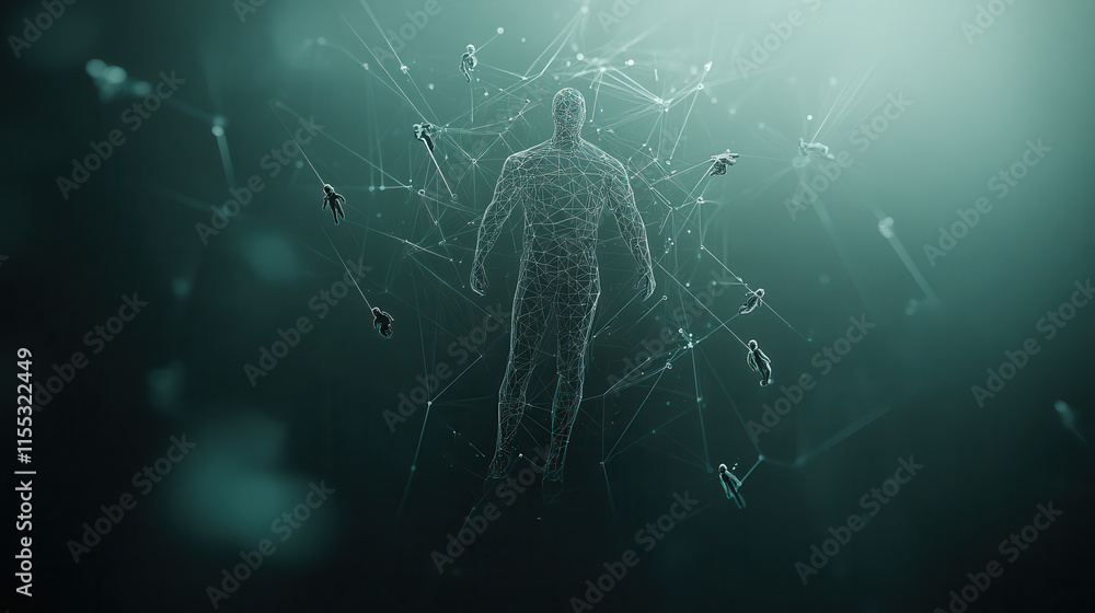 Poster futuristic 3d network visualizing central figure surrounded by connections, symbolizing technology a