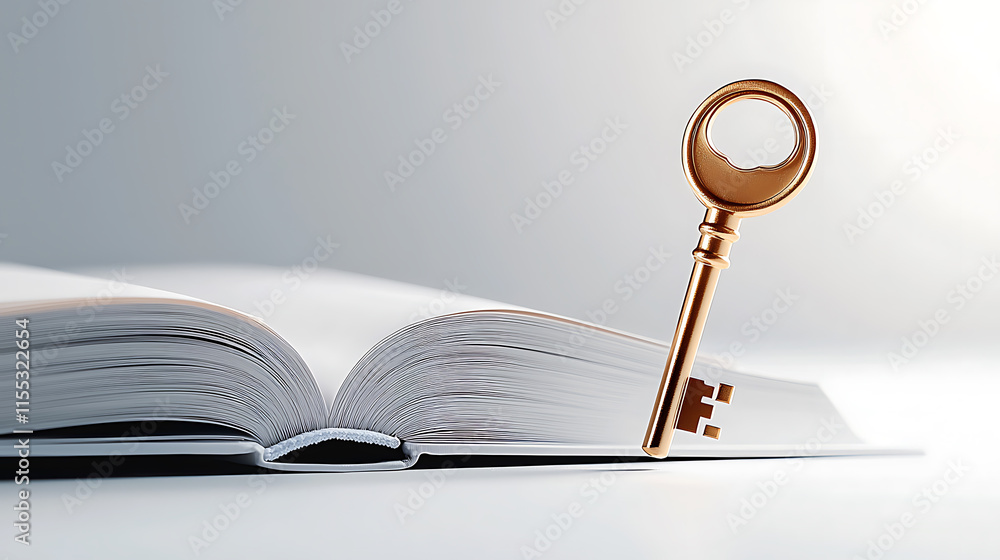 Poster unlocking knowledge key in book symbolizing learning study room photography minimalistic close-up ed