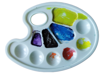A white palette with a variety of colors on it. The colors are blue, green, red, and yellow. Transparent bk, png.