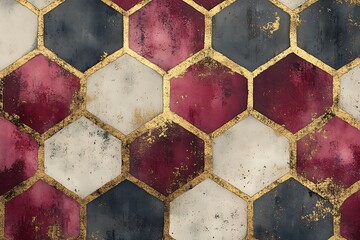 Abstract Hexagon Pattern with Gold Accents and Varied Colors
