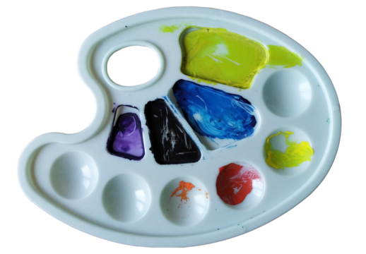 A white palette with a variety of colors on it. The colors are blue, green, red, and yellow. Transparent bk, png.