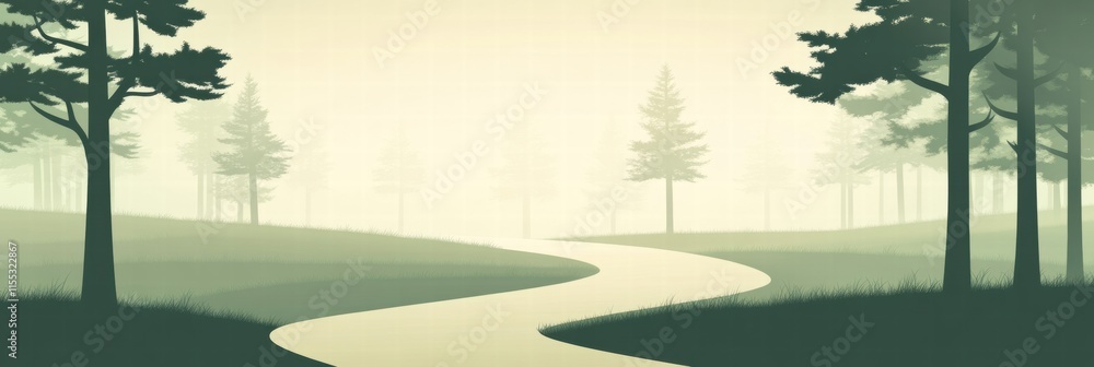 Poster Minimalist forest path inviting exploration through tranquil nature in soft hues of green and beige. Generative AI