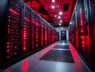 Fototapeta premium Red-lit server room with rows of data storage racks.