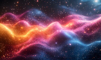 A cosmic background of swirling magenta, cyan, and gold galaxies with shimmering stars and an ethereal glow