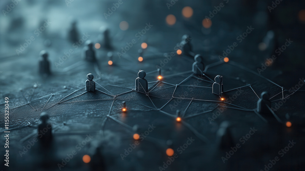 Poster modern 3d representation of network with interconnected figures, showcasing relationships and connec