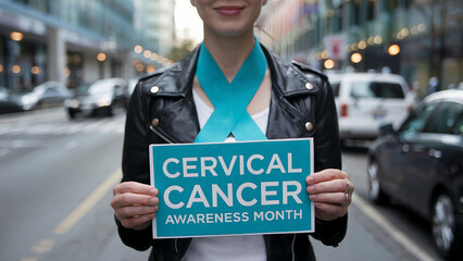 Cervical Cancer Awareness Month, Woman Holding Teal Ribbon Sign for Health Campaign