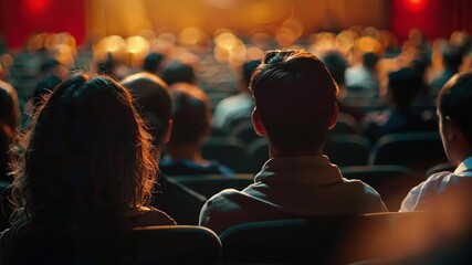 The audience blends into the background with blurred edges all attention focused on the film playing before them.