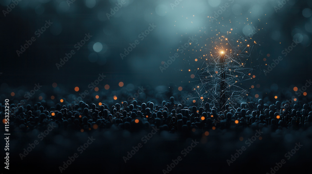 Poster modern 3d representation of hierarchy with glowing connections and crowd. image evokes sense of inno